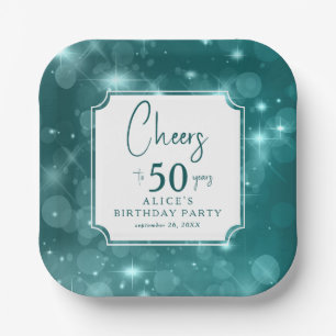 Elegante Teal-Bokeh-Funkel-50. Geburtstagsfeier Pappteller