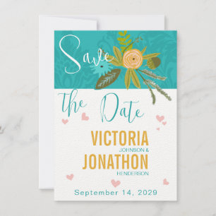 Elegante Teal Damast Türkis Rosa Goldene Hochzeit Save The Date