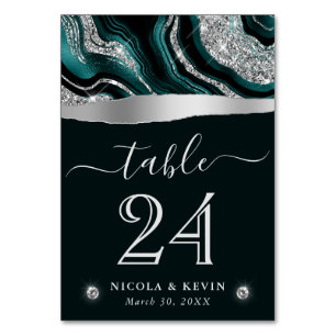 Elegante Teal-Folie und Silber-Glitter-Achat-Hochz Tischnummer