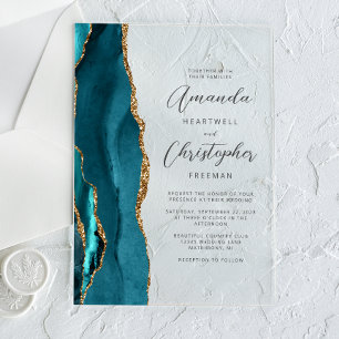 Elegante Teal-Gold-Achat-Schrift Hochzeit Acryleinladungen