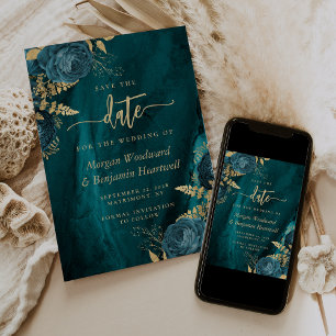 Elegante Teal-Gold-Blumen-Hochzeit-Save-the-Date-K Einladung