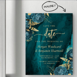 Elegante Teal-Gold-Blumen-Hochzeitsspeicherkarte Magneteinladung