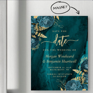 Elegante Teal-Gold-Blumen-Hochzeitsspeicherkarte Magneteinladung
