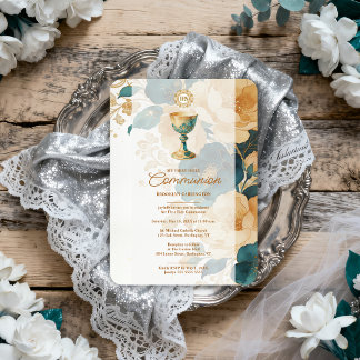 Elegante Teal-Gold-Erstkommunion LPM26 Einladung