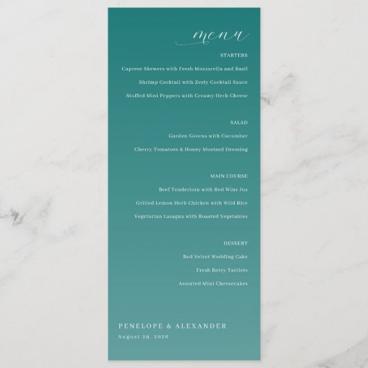 Elegante Teal-Hochzeitsmenü Menükarte (Vorderseite)