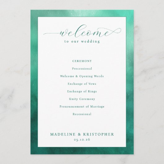 Elegante Teal-Hochzeitszeremonie Programm (Vorderseite)