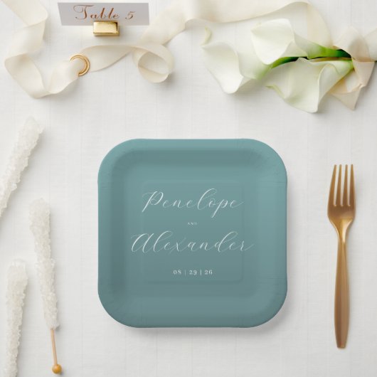 Elegante Teal-Kalligrafie Pappteller (Hochzeit)