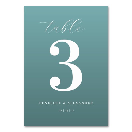 Elegante Teal Nummer Drei Tischnummer (Vorderseite)