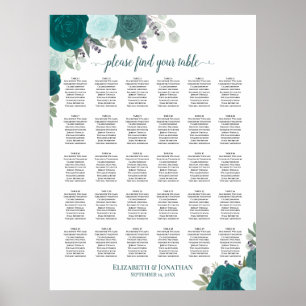 Elegante Teal-Rosen 30-Tisch-Hochzeits-Sitzplan Poster