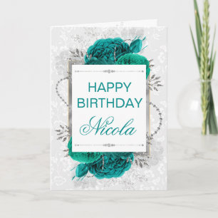 Elegante Teal-Rosen & Silber-Glitter-Geburtstag Karte