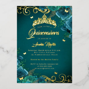 Elegante Teal-Rosen-Swirbel-Gold-Quinceanera Folieneinladung