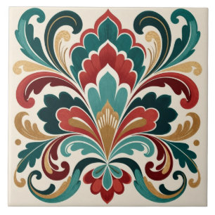 Elegante Teal-Rote Ornamentale Blüte Fliese