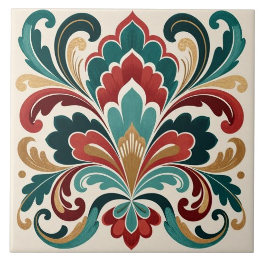 Elegante Teal-Rote Ornamentale Blüte Fliese (Vorderseite)