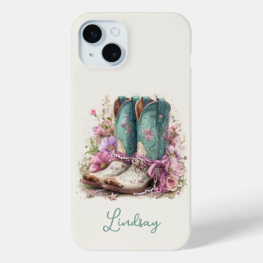 Elegante Teal-Stiefel mit Blumen monogrammiert Case-Mate iPhone Hülle (Rückseite)