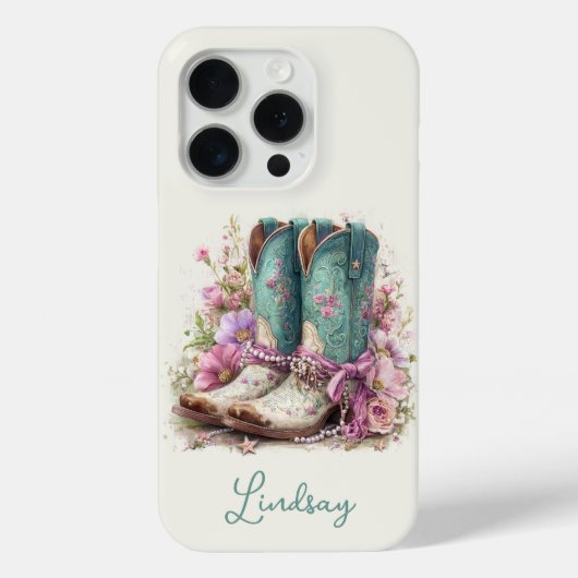 Elegante Teal-Stiefel mit Blumen monogrammiert Case-Mate iPhone Hülle (Rückseite)