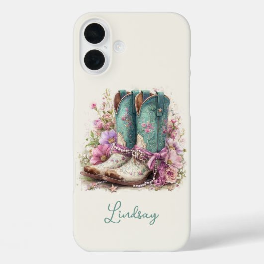 Elegante Teal-Stiefel mit Blumen monogrammiert Case-Mate iPhone Hülle (Rückseite)