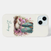 Elegante Teal-Stiefel mit Blumen monogrammiert Case-Mate iPhone Hülle (Rückseite (Horizontal))