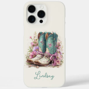 Elegante Teal-Stiefel mit Blumen monogrammiert iPhone 16 Pro Max Hülle