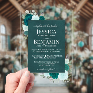 Elegante Teal- und Aquamarin-Rosen Stylische Text- Acryleinladungen