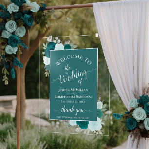 Elegante Teal- und Aquamarine-Boho-Rosen-Hochzeits Acrylschild