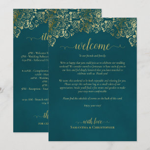 Elegante Teal- und Gold-Hochzeitsbegrüßung & Zeitp Programm