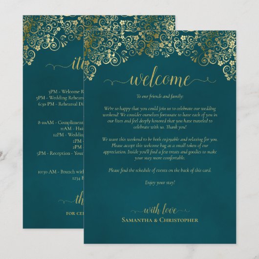 Elegante Teal- und Gold-Hochzeitsbegrüßung & Zeitp Programm (Vorne/Hinten)