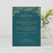Elegante Teal- und Gold-Hochzeitsbegrüßung & Zeitp Programm (Stehend Vorderseite)