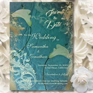 Elegante Teal- und Goldene Vintage-Blumenhochzeit Save The Date