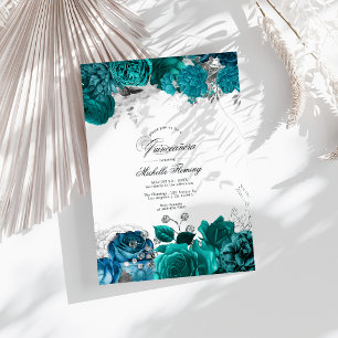 Elegante Teal- und Silber-Blumen-Quinceañera-Foto Einladung