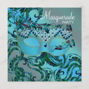 Elegante Tealblaue Maskenparty Einladung