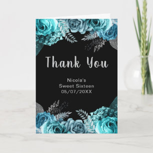 Elegante Tealblaue und silberne Blumen Sweet Sixte Dankeskarte