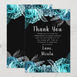 Elegante Tealblaue und silberne Blumen Sweet Sixte Dankeskarte