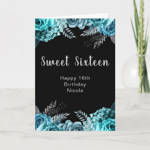 Elegante Tealblaue und silberne Blumen Sweet Sixte Karte