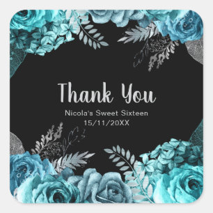 Elegante Tealblaue und silberne Blumen Sweet Sixte Quadratischer Aufkleber