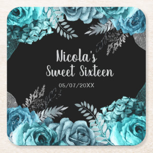 Elegante Tealblaue und silberne Blumen Sweet Sixte Rechteckiger Pappuntersetzer