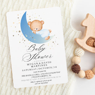 Elegante Teddy Bär Mond goldene Sterne Baby Dusche Einladung