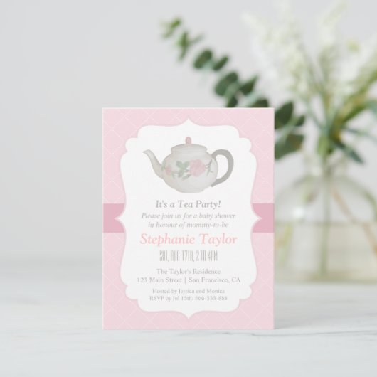 Elegante Teekanne Tea Party Kinderdusche Einladung (Stehend Vorderseite)