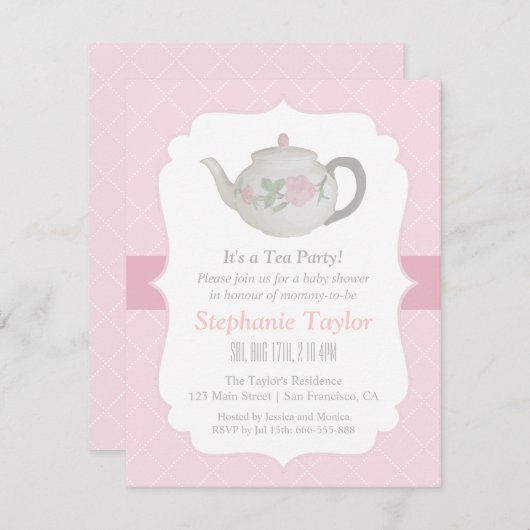 Elegante Teekanne Tea Party Kinderdusche Einladung (Vorne/Hinten)