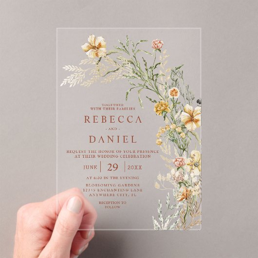 Elegante Terracotta & Beige Boho Blumenhochzeit Acryleinladungen (Insitu (Handheld))