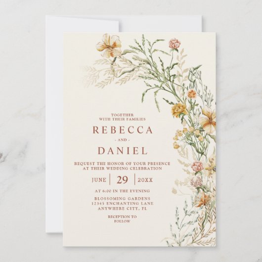 Elegante Terracotta & Beige Boho Blumenhochzeit Einladung (Vorderseite)