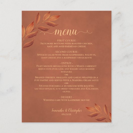 Elegante Terracotta Blätter Budget Wedding Menu (Vorderseite)
