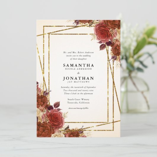 Elegante Terracotta Blume Gold Glitzer Hochzeit Einladung (Stehend Vorderseite)