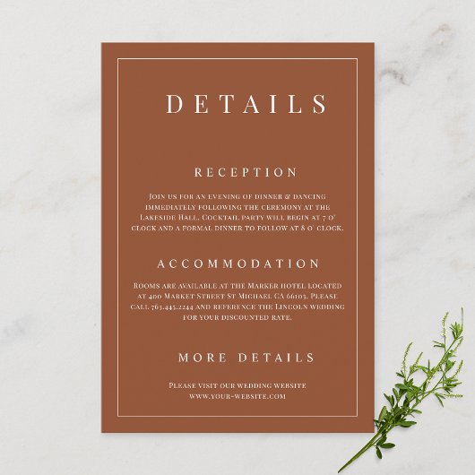 Elegante Terracotta Einfache formelle Hochzeitsdet Begleitkarte