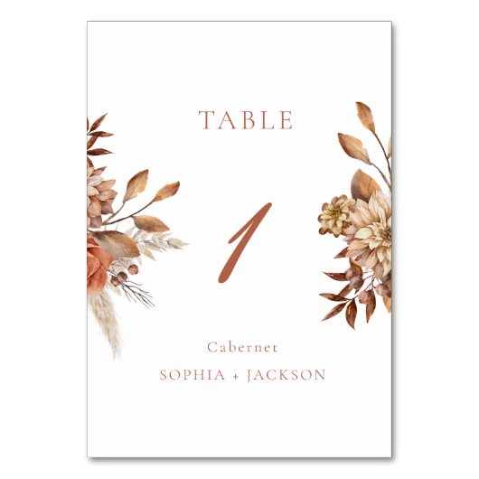 Elegante Terracotta Floral Wedding Tischnummer (Vorderseite)