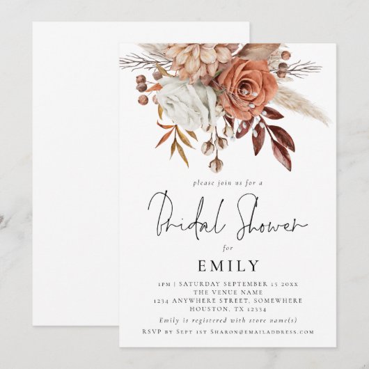 Elegante Terracotta Florals Brautparty Einladung (Vorne/Hinten)