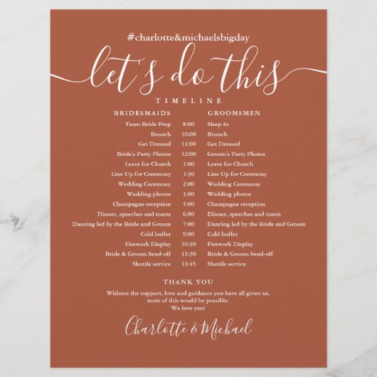Elegante Terracotta Hochzeitsplanung Zeitplan (Vorderseite)