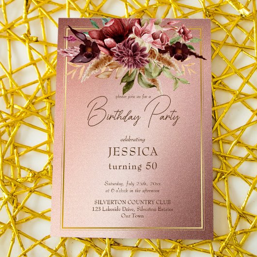 Elegante Terracotta Maroon Fall Blume Geburtstag Einladung