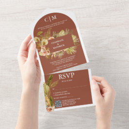 Elegante Terracotta Monogram QR Code Arch Wedding All In One Einladung