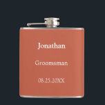 Elegante Terracotta Personalisierter Trauzeuge Fla Flachmann<br><div class="desc">Elegant Terracotta Personalisiert Trauzeuge Flask,  bitte personalisieren Sie den Namen und das Hochzeitdatum,  mit der Online-Personalisierung Vorlage vor der Bestellung. Der Kolben kann alternativ für andere Hochzeitsbegleiter personalisiert sein,  z. B. für Trauzeuge,  falls Sie dies wünschen,  indem Sie den entsprechenden Text vor der Bestellung entsprechend ändern.</div>