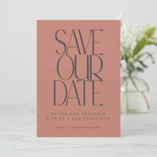 Elegante Terracotta Rose Einfaches Modern Foto Save The Date (Stehend Vorderseite)